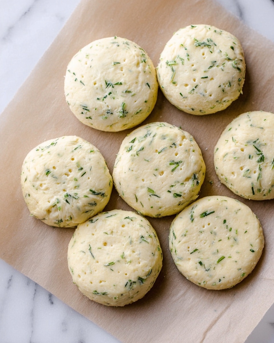 The image shows seven round dough pieces with green herbs mixed inside each one. The dough looks soft and has small air bubbles on the surface, giving a slightly rough texture. The pieces are arranged close to each other on a parchment paper sheet placed on a white marbled surface, with some space between them. The dough is pale yellow with specks of green all over. Photo taken with an iphone --ar 4:5 --v 7