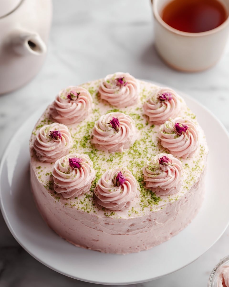 A smooth, round cake with two green layers covered evenly in light green frosting sits on a white cake stand in the center. To the right, there is a glass bowl filled with pink whipped frosting that has a soft and creamy texture. Below it, a small glass jar shows frosting with a silver spoon inside, also coated lightly in pink. Below the cake stand and to the right, a white small plate holds a silver spoon resting on a mound of pink powder. Next to it, a tiny glass bowl contains a small amount of green powder. On the left side, two small white flowers and a pale pink cloth lie on the white marbled surface. The scene has soft natural lighting. photo taken with an iphone --ar 4:5 --v 7