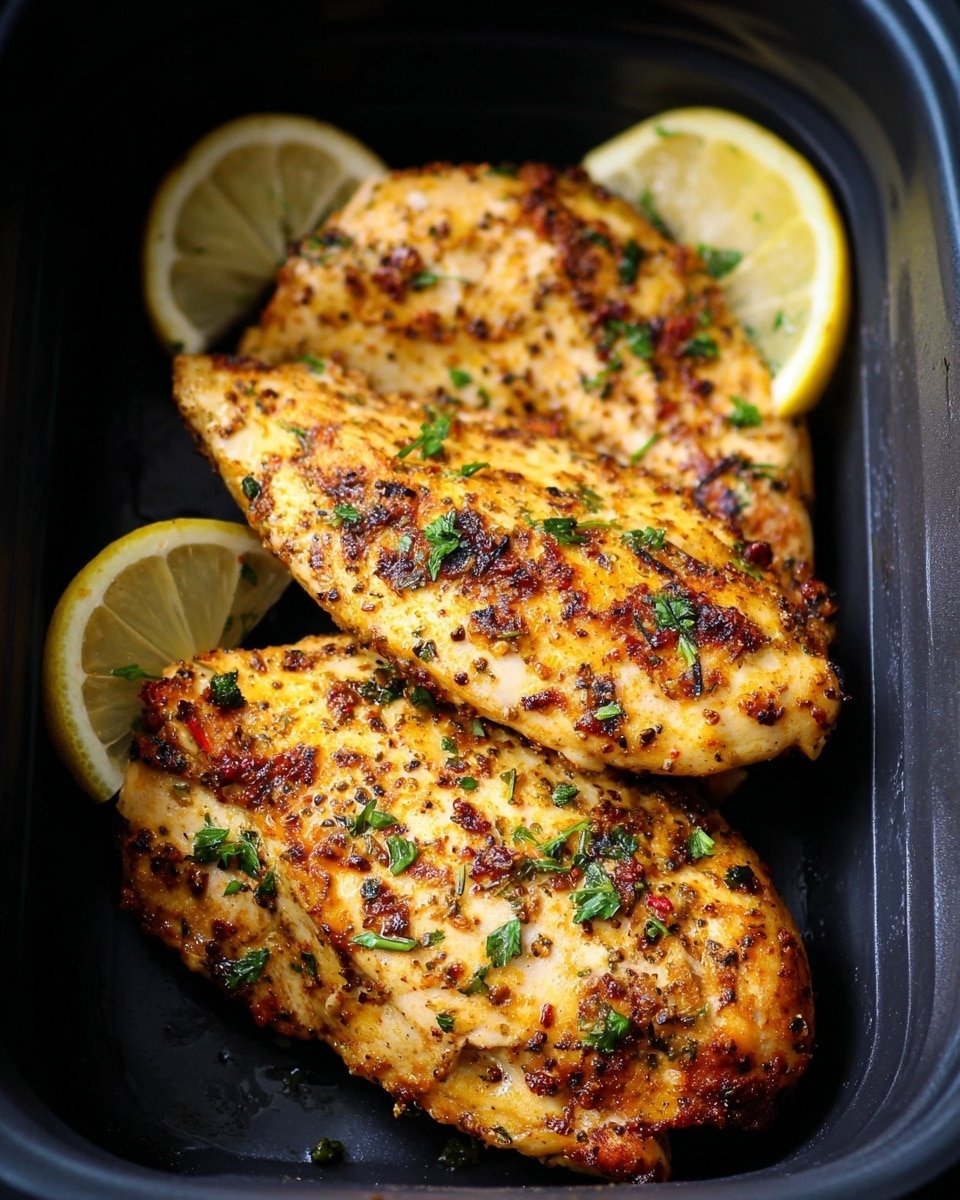The image shows three pieces of cooked chicken placed closely in a black container. The chicken has a golden-brown, slightly charred surface with visible roasted spices and herbs scattered over it. Two small lemon wedges are placed beside the chicken, adding a fresh yellow contrast with a juicy texture. The chicken pieces have a rough, crispy texture on top, and freshly chopped green herbs are sprinkled lightly over them. The setting is simple with a focus on the cooked chicken and lemon wedges. Photo taken with an iphone --ar 4:5 --v 7