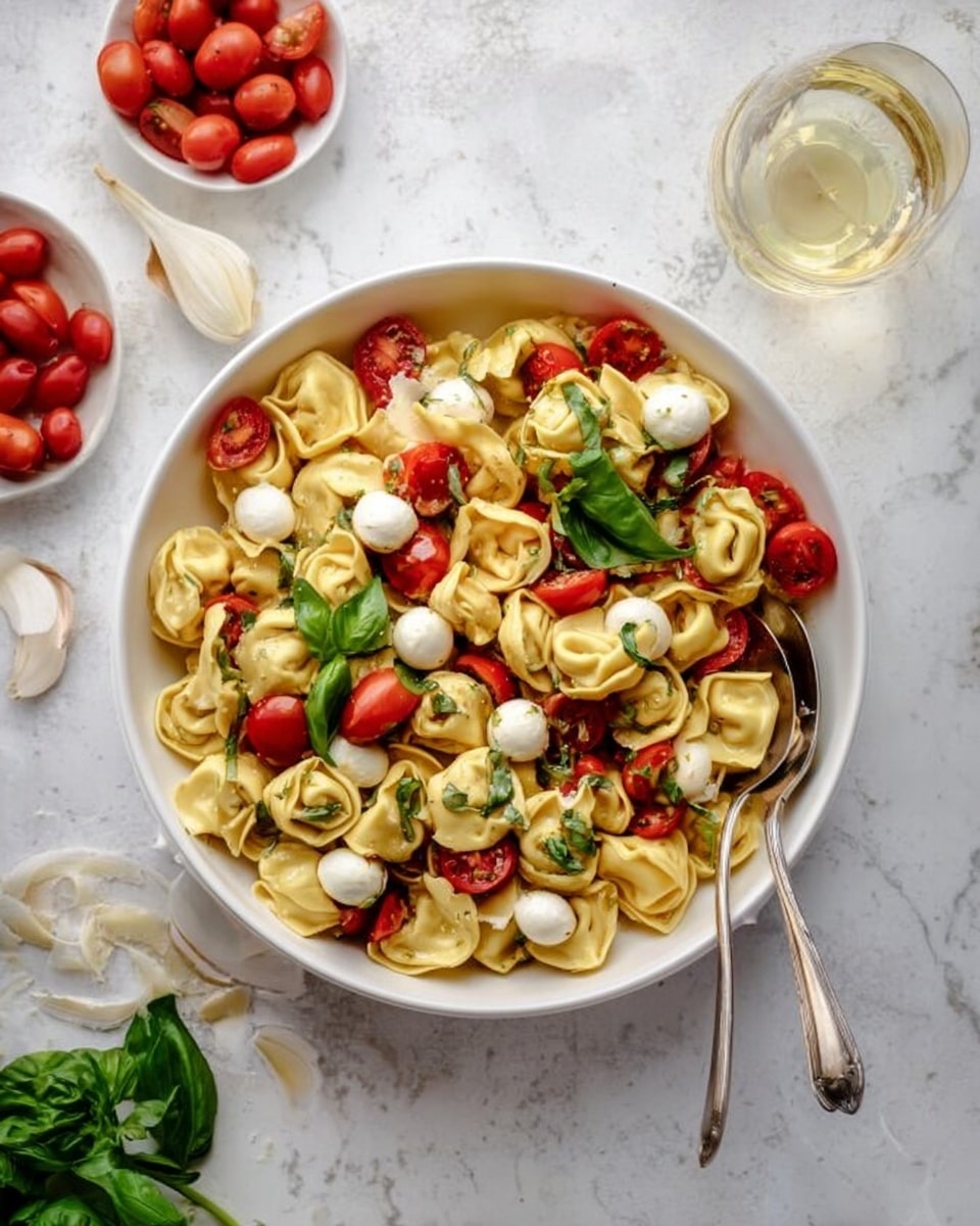 A white round dish filled with tortellini pasta, small white mozzarella balls, halved red cherry tomatoes, and green basil leaves mixed evenly throughout. The tortellini are golden and slightly wrinkled, layered with smooth mozzarella balls and bright, juicy tomatoes. There are fresh green basil leaves placed on top, adding a pop of color. The dish sits on a white marbled surface with a silver spoon resting inside. Around the dish, there is a small white bowl of cherry tomatoes, a glass of white wine, a garlic bulb, and fresh basil leaves. Photo taken with an iphone --ar 4:5 --v 7