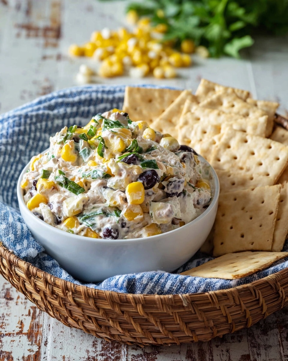 A white ribbed ramekin bowl filled with a chunky dip that has a creamy white base mixed with black beans, bright yellow corn kernels, small green cilantro leaves, and bits of red onion, giving the dip a colorful and textured look. The bowl sits on a round woven basket tray with square, light brown crackers scattered around it. A blue and white striped cloth is placed in the background. The whole scene is set on a white marbled texture surface. Photo taken with an iphone --ar 4:5 --v 7