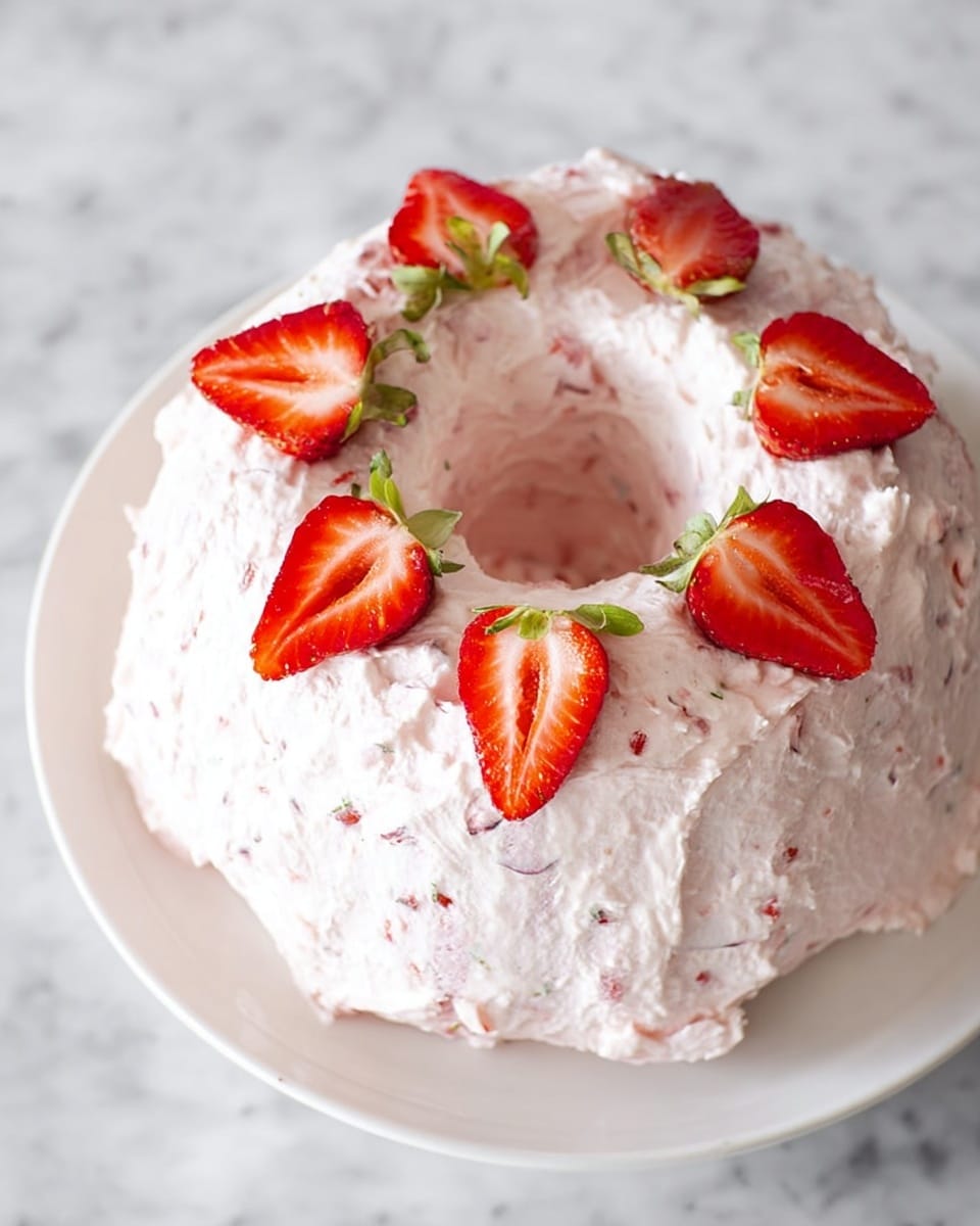 A round cake with a hole in the middle sits on a white plate over a white marbled surface. The cake is covered in a thick, light pink cream with visible small pieces of strawberries mixed inside, giving it a textured, soft look. On top, eight halves of bright red strawberries with green tops are evenly placed around the center hole, creating a simple, fresh decoration. The cream looks fluffy and slightly uneven, showing the homemade style of the dessert. Photo taken with an iphone --ar 4:5 --v 7