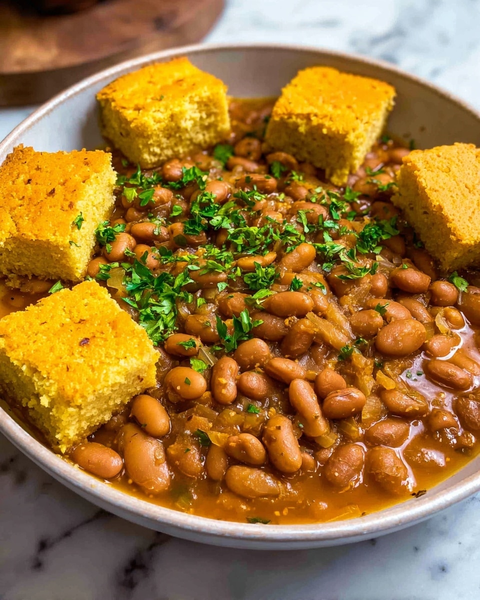 A white bowl is filled with shiny, cooked brown beans in a thick, orange-brown sauce with visible small pieces of onion and herbs mixed in. On top of the beans, there are four golden-yellow, crumbly cornbread squares arranged around the edge of the bowl. Fresh green parsley is sprinkled over the beans, adding a touch of color. The bowl is placed on a white marbled surface. photo taken with an iphone --ar 4:5 --v 7