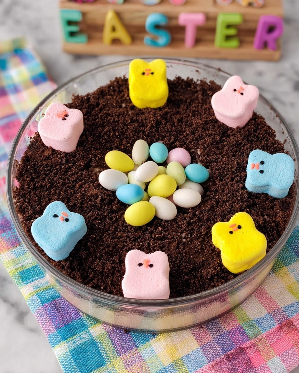 A clear glass bowl holds a layered dessert with alternating dark brown cake and light brown creamy layers, stacked about five times. The top layer is covered with dark chocolate crumbs resembling soil. On top, there are colorful marshmallow bunny shapes in pink, blue, and yellow standing upright around the edges, with small pastel-colored candy eggs in white, blue, yellow, and pink scattered in the middle. The bowl is set on a white marbled surface with some blurred green leaves and a light gray brick wall in the background. photo taken with an iphone --ar 4:5 --v 7