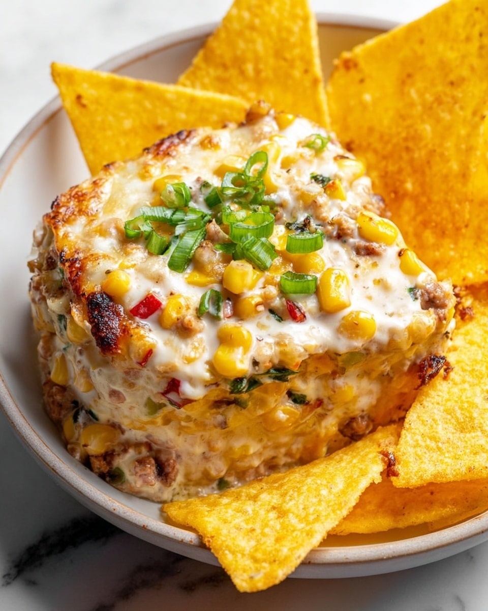 A close-up image shows a woman's hand holding a square yellow tortilla chip scooping thick creamy dip from a layered dish. The dip has multiple layers starting from a base of chunky pieces including corn, red pepper pieces, and black olive bits. Above that is a thick light beige creamy layer mixed with more corn and black olive bits. The top layer is melted cheese in white and golden yellow patches, sprinkled with chopped green onions. The dish is set on a white marbled surface. photo taken with an iphone --ar 4:5 --v 7
