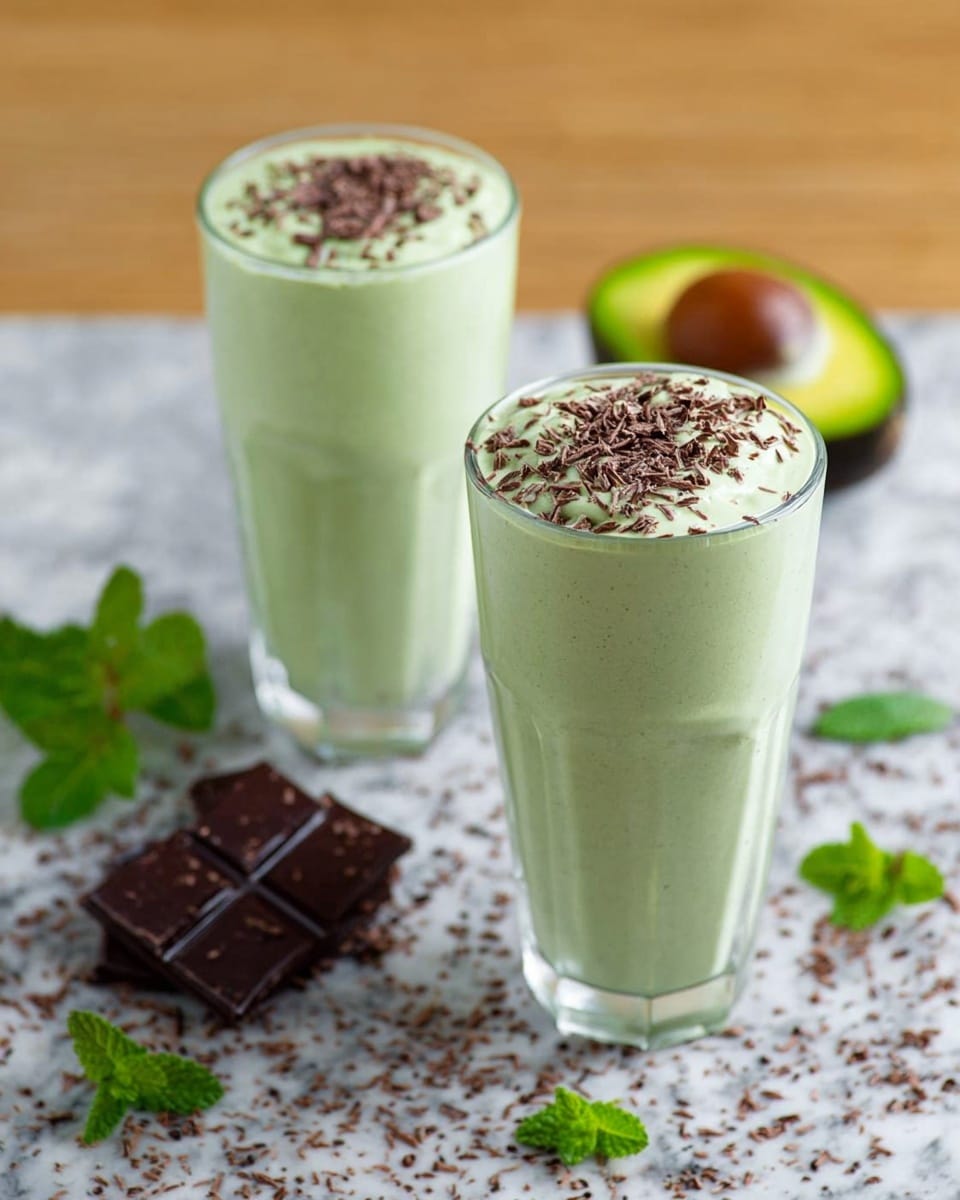 A tall clear glass filled with a light green smoothie, topped with small brown chocolate shavings spread evenly over the surface. The drink appears creamy with a smooth texture, filling the glass almost to the brim. Behind the glass, there are a few square pieces of dark chocolate stacked and some fresh green mint leaves placed on a wooden surface, which is replaced by a white marbled texture. photo taken with an iphone --ar 4:5 --v 7