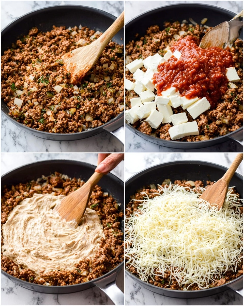 The image is divided into four parts showing the cooking of a ground meat dish in a black pan. In the top-left part, the first layer shows browned ground meat with small bits of onion and green herbs mixed in, with a woman's hand holding a wooden spatula stirring the meat. In the top-right part, the same browned meat fills the pan with large white chunks of cream cheese and a spoonful of red sauce placed on top, with the wooden spatula nearby. In the bottom-left part, the cream cheese and sauce are mixed into the meat, forming a thick, creamy light brown mixture with a smooth texture being stirred by the wooden spatula. In the bottom-right part, a layer of shredded white cheese covers the creamy meat mixture as the spatula rests on the side. The pan is placed on a white marbled surface. photo taken with an iphone --ar 4:5 --v 7
