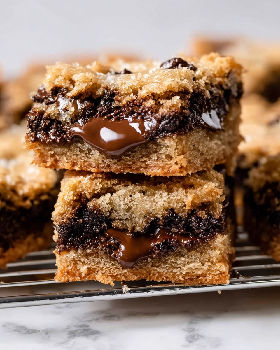 The image shows a close-up of three stacked dessert squares on a metal cooling rack over a white marbled surface. Each square has two visible layers: the top and bottom layers are light brown, crumbly, and textured with a baked look, while the middle layer is dark brown, gooey, and shiny, with melted chocolate chunks oozing out. The overall image focuses on the rich, melted chocolate center contrasting with the firm, crumbly outer layers, creating a gooey and crunchy texture combo. Photo taken with an iphone --ar 4:5 --v 7
