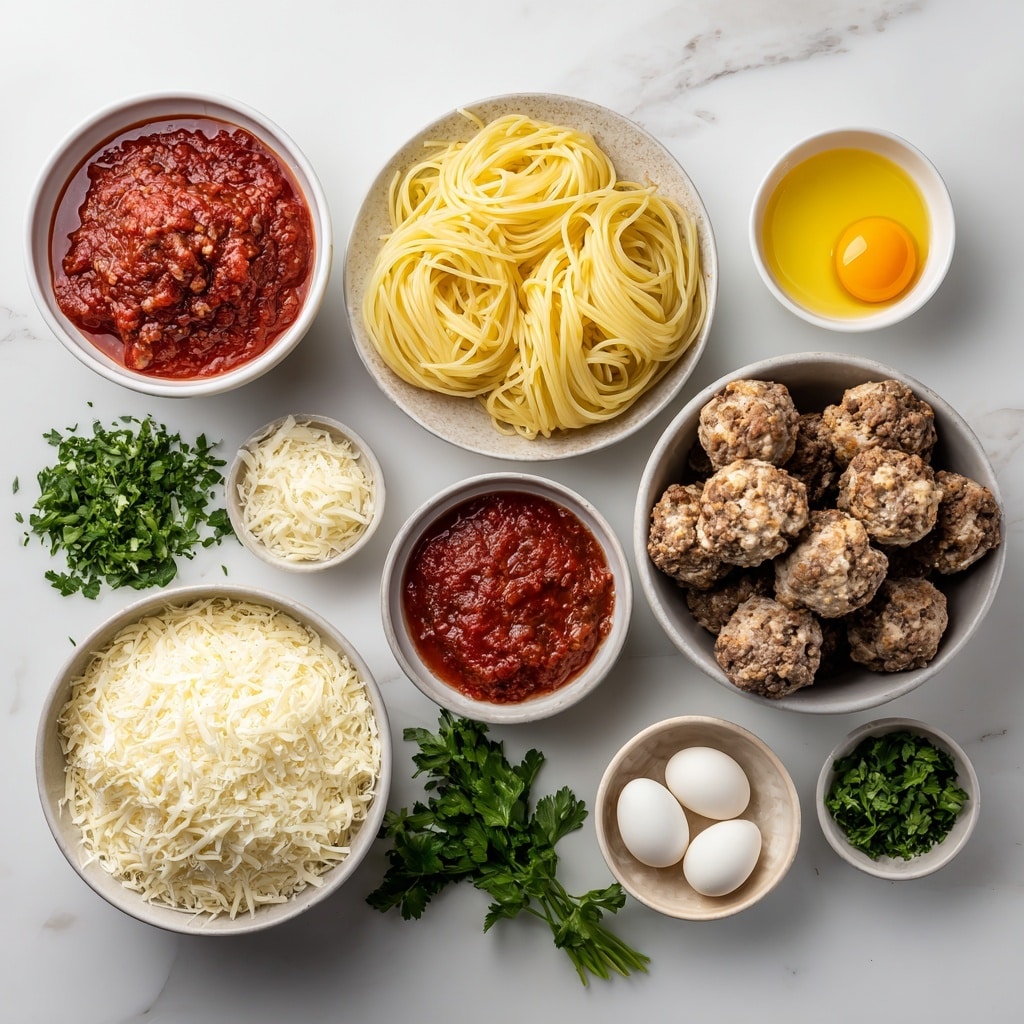 The image shows a round white pan filled with spaghetti and large meatballs. The bottom layer is red tomato sauce, topped with orange-red spaghetti noodles twisted around the edges. On top of the noodles sit several browned meatballs, each covered with melted white and golden cheese that looks stretchy and hot. Bright green chopped herbs sprinkle over the meatballs and cheese, adding fresh color. The pan rests on a white marbled surface with a soft cloth in the background. photo taken with an iphone --ar 4:5 --v 7