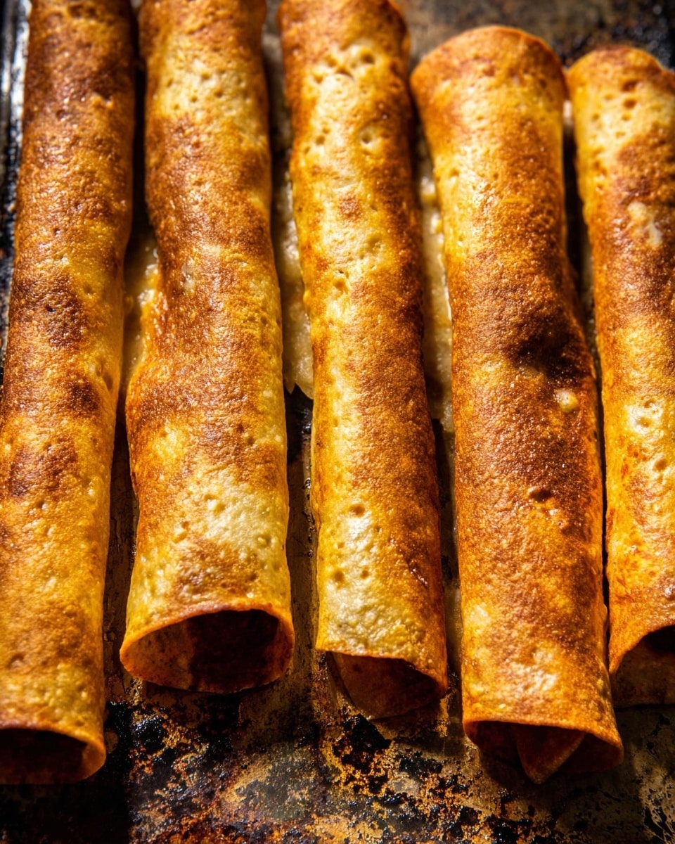 The image shows several golden-brown rolled tortillas, tightly packed with filling inside, laid out in rows on a textured, well-used baking sheet. The tortillas have a crispy and slightly oily texture with small bubbles and uneven browning spots, indicating they were baked or fried. The edges of some tortillas are curled, showing the darker inner filling inside. The baking sheet surface beneath is worn with blackened and shiny areas, adding contrast to the warm tones of the tortillas. photo taken with an iphone --ar 4:5 --v 7