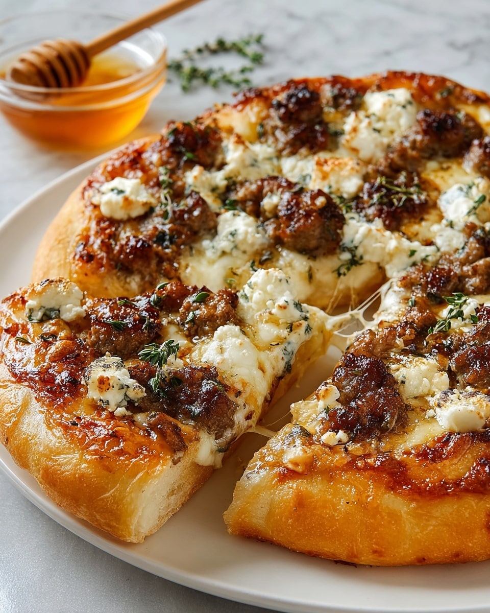 This image shows a close-up of a thick, round pizza with a golden-brown crust that looks crispy on the edges. The pizza has two main layers: a base of melted white cheese that looks stretchy and soft, and a topping of browned sausage pieces scattered evenly with white chunks of creamy-looking cheese, possibly ricotta or goat cheese. Small green herb leaves are sprinkled over the whole pizza for color and freshness. One slice is being lifted, showing the cheese stretching between the slices. The pizza sits on a white plate on a white marbled surface. In the background, there is a small glass bowl with honey and a honey dipper. Photo taken with an iphone --ar 4:5 --v 7