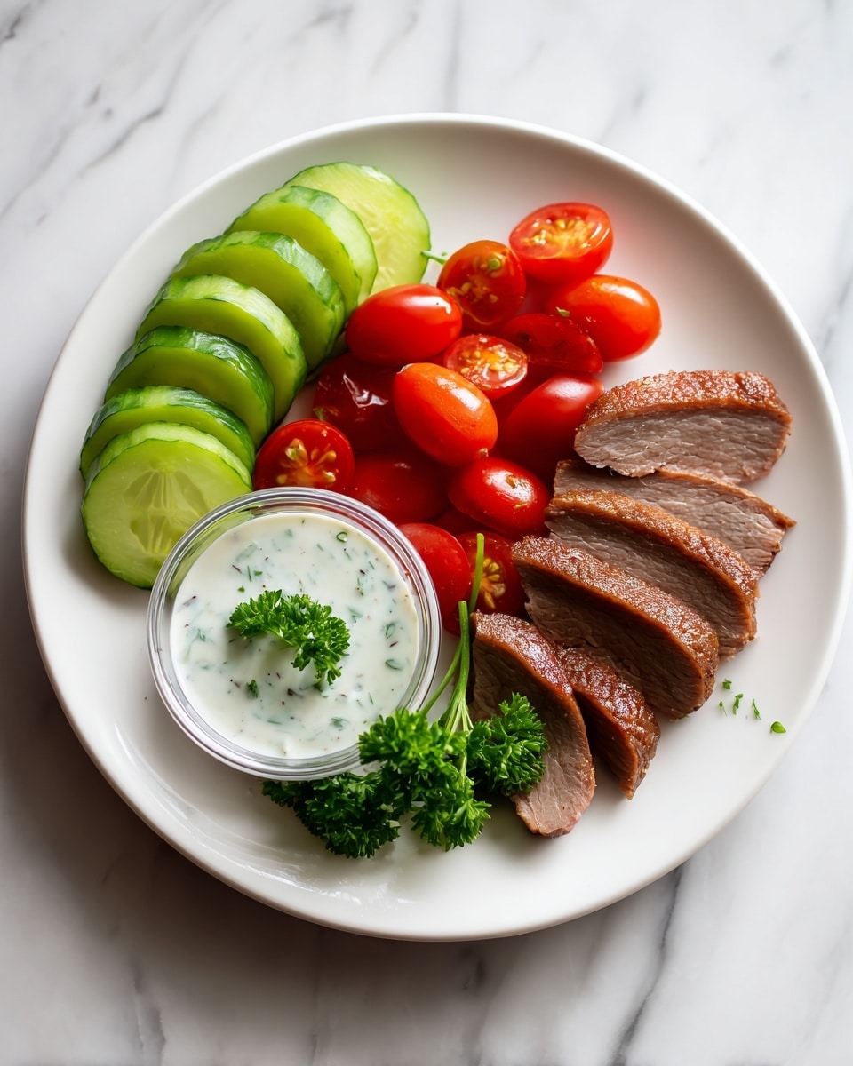 A white plate shows an arranged meal with four main layers: the top layer has bright green cucumber slices lined up neatly in a curve on the left; below the cucumbers is a pile of small, red cherry tomatoes, some whole and some sliced in half, showing their juicy interior; to the right of the tomatoes, there are several thin, brown meat slices fanned out and garnished with a small sprig of green parsley; at the bottom left corner of the plate, a small clear bowl holds a creamy white sauce with visible green herb bits, and another small parsley sprig is placed by the bowl. The background is a white marbled texture. photo taken with an iphone --ar 4:5 --v 7