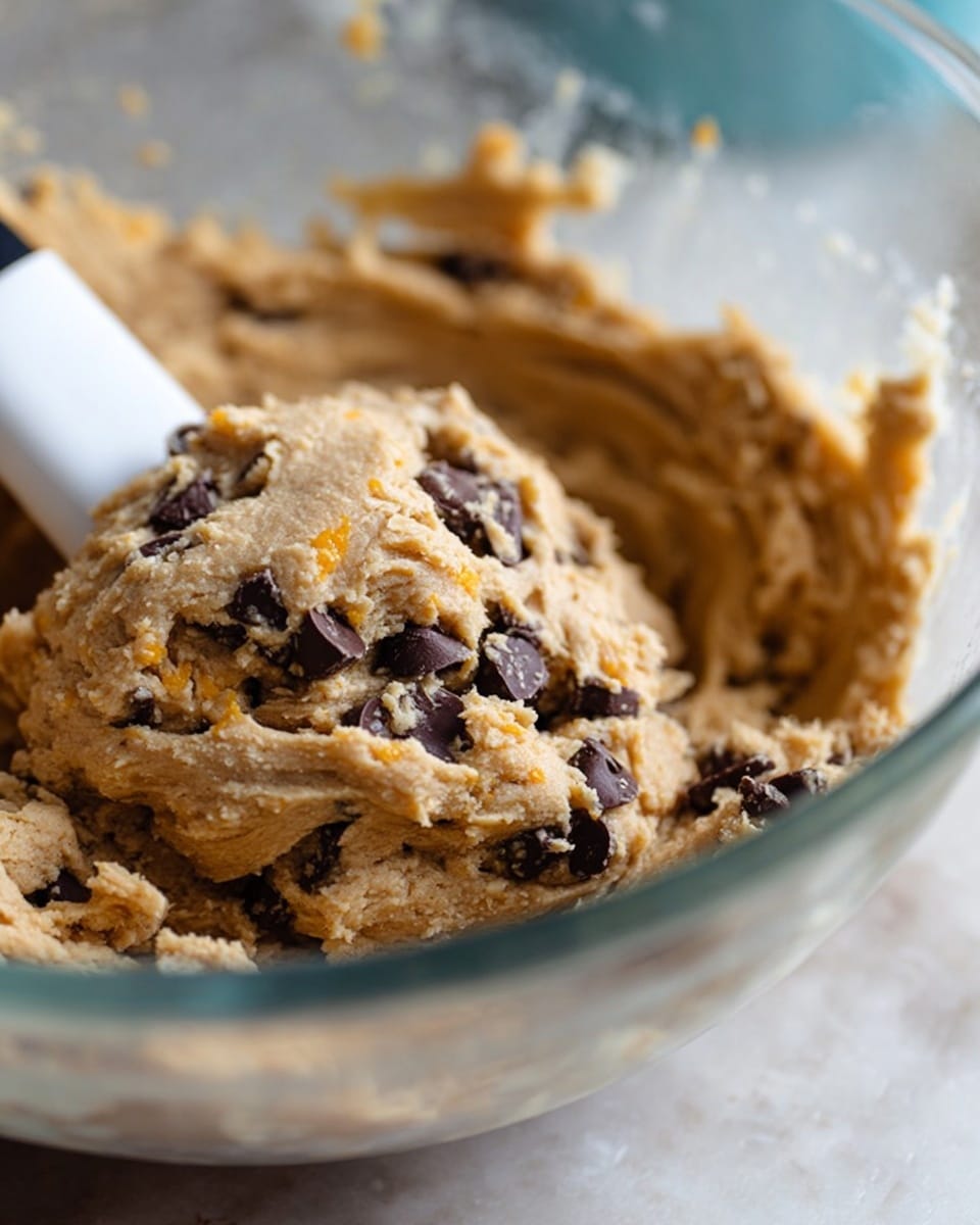 The image shows a close-up of thick, beige dough mixed with dark brown chocolate chunks inside a large clear bowl. There are small orange specks scattered throughout the dough, adding texture. A white spatula with a black handle is partially inserted into the dough from the left side, slightly lifting some of it. The bowl's inside is smooth and shiny. The background is softly blurred, showing a hint of a light blue color. The whole scene is set against a white marbled surface. photo taken with an iphone --ar 4:5 --v 7