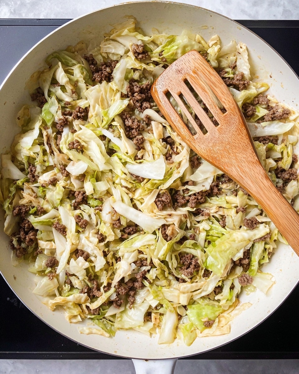 The image shows a white pan filled with a dish made of shredded pale green and white cabbage mixed with small pieces of browned ground meat. The cabbage pieces vary in size and texture, some are soft and slightly wilted while others are still a bit crisp. The meat is scattered evenly throughout, showing a crumbly, cooked texture with dark brown color. A wooden spatula with slotted holes rests on top of the food, slightly lifting some of the cabbage and meat. The pan sits on a cooking hob with a dark surface, and the background has been changed to a white marbled texture. photo taken with an iphone --ar 4:5 --v 7