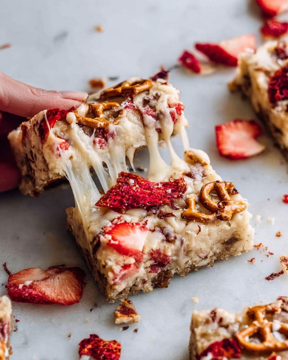 The image shows a square piece of a dessert bar being pulled apart by a woman's hand, creating long, stretchy white cheese strands between the two separated parts. The dessert bars have a bumpy texture with visible layers: the base layer is a soft, light beige, topped with pretzels and chunks of dried strawberries scattered on top. The pretzels are golden brown and whole, while the dried strawberries are bright red and sliced. The surface underneath is white marbled, with more pieces of pretzels and dried strawberries scattered around the dessert bars. Photo taken with an iphone --ar 4:5 --v 7