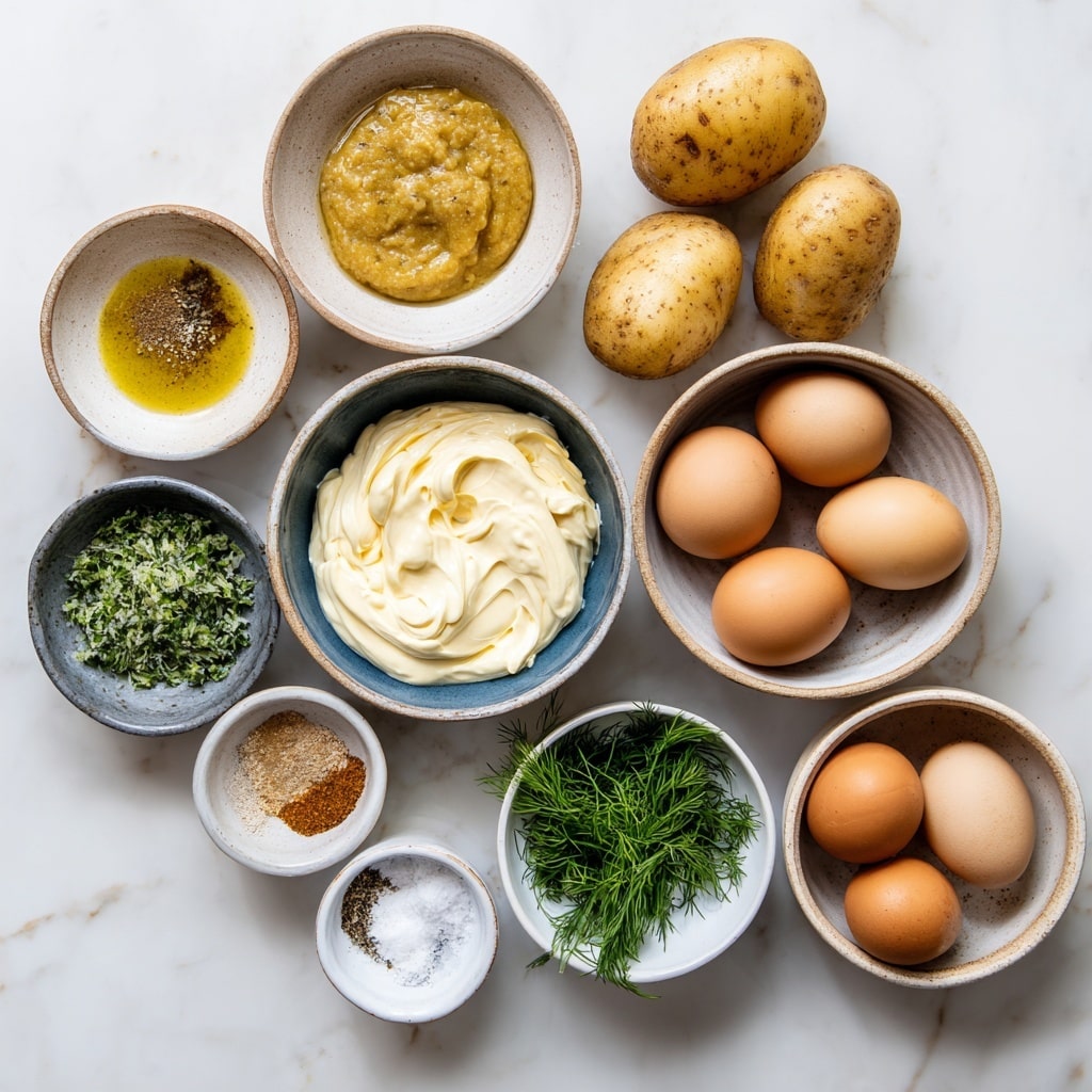 A white plate holds a mound of chunky egg salad with visible large pieces of hard-boiled egg whites and yolks mixed with creamy, pale yellow salad dressing. The salad is sprinkled with small green chive pieces and a light dusting of reddish paprika, adding specks of color. At the top, a small sprig of fresh dill rests, adding green detail. The plate is set on a surface with a white marbled texture and a pale yellow cloth partially visible at the front. Photo taken with an iphone --ar 4:5 --v 7