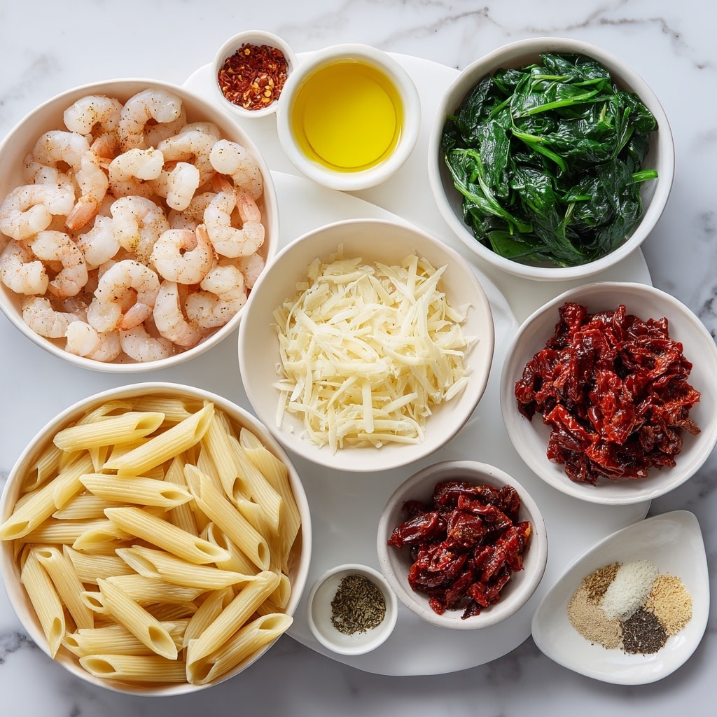 A white bowl filled with creamy pasta, with one main layer of penne noodles covered in a rich, light orange sauce mixed with small pieces of green leafy spinach. On top of the pasta, there are seasoned shrimp with a slightly charred brown color, scattered evenly across the dish. Some chopped herbs are sprinkled over everything, adding small green pops of color. The bowl is set on a white marbled surface with basil leaves around it and a yellow cloth partially visible near the bottom. Photo taken with an iphone --ar 4:5 --v 7