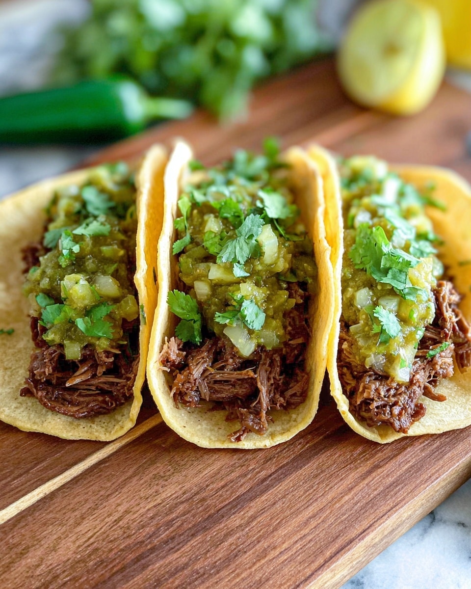 Three tacos are placed side by side on a wooden board. Each taco has two toasted light tan corn tortillas forming the base. Inside, there is a layer of shredded brown meat, topped with chunky green salsa with visible pieces of cooked onion. The tacos are garnished with bright green cilantro leaves scattered on top. The background shows a blurred green chili pepper and part of a lemon on a white marbled surface. Photo taken with an iphone --ar 4:5 --v 7