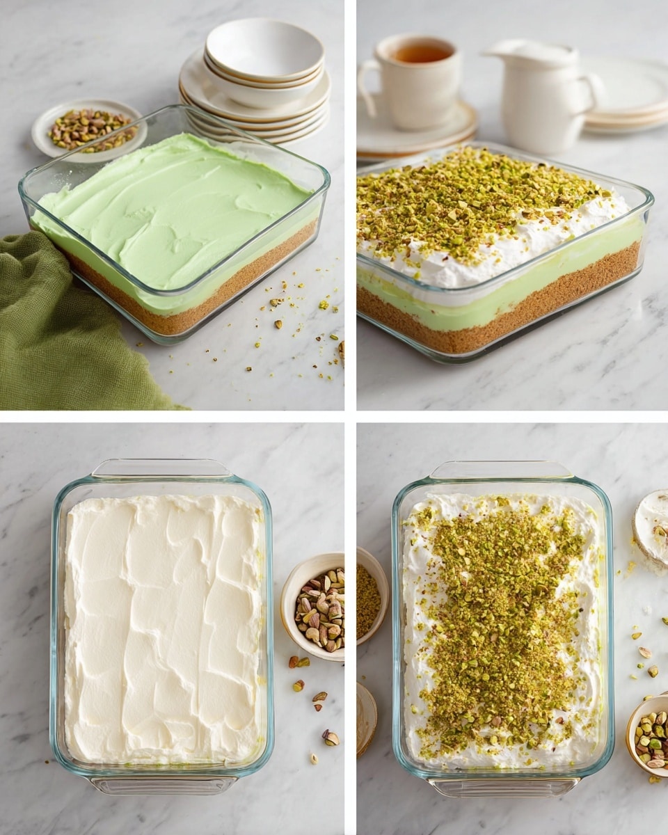 The image shows a layered dessert in a clear glass rectangular dish on a white marbled surface. The first layer is a thick, even base of light brown crumbly crust. On top is a smooth, creamy white layer evenly spread across the crust. Above that is a vibrant light green creamy layer, also evenly spread, with a slightly glossy texture. The top layer is a white whipped cream spread generously, sprinkled with chopped green pistachios that add texture and color contrast. The dish is shown with a green cloth napkin nearby and white plates with gold rims and a cup in the background. Photo taken with an iphone --ar 4:5 --v 7