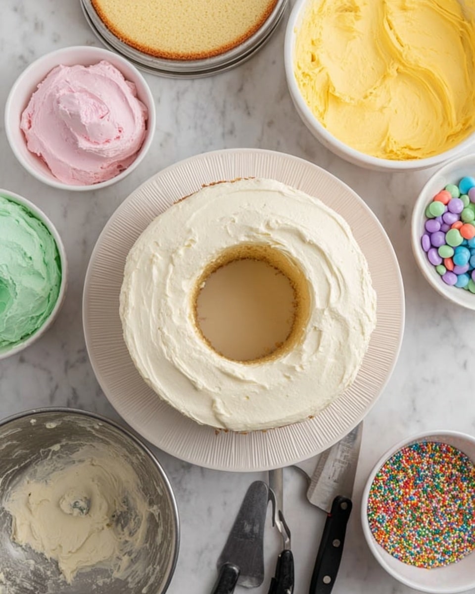 The image shows a partially frosted round cake with a thick white frosting layer, placed on a white plate with ridged edges. The center of the cake is hollowed out, revealing a light yellow interior cake layer. To the upper left, there is an unfrosted cake layer in a round pan. Around the cake are several bowls: a large white bowl with thick yellow yellow frosting, another with light pink frosting, and a third bowl with pale green frosting. Above the cake, there are two bowls of colorful round candy pieces, and in the center is a container with sprinkles of different colors. At the bottom left, there is a metal mixing bowl with leftover white frosting and two black-handled spatulas. The background is a white marbled surface. Photo taken with an iphone --ar 4:5 --v 7