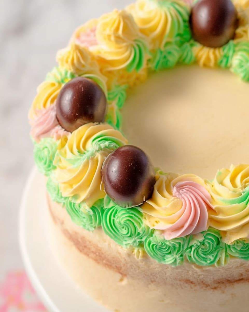 The close-up image shows a round cake with a smooth, light cream-colored top layer. Around the edge of the cake, there is a ring of colorful piped frosting in swirls of green, yellow, and light pink, placed in alternating bursts. On top of the swirled frosting, there are three round chocolate balls evenly spaced. The cake sits on a white plate, with a white marbled surface in the background. photo taken with an iphone --ar 4:5 --v 7