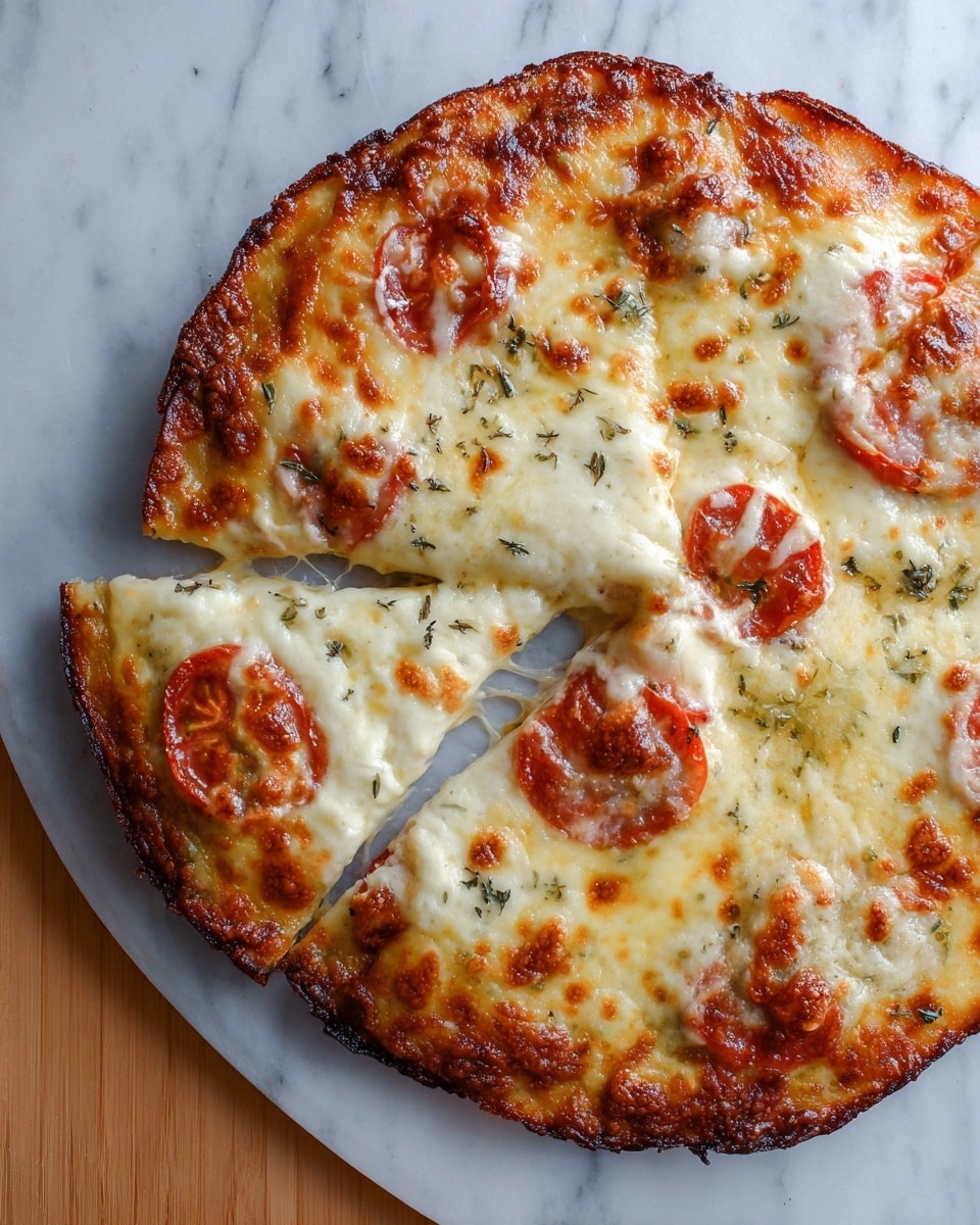 A close-up of a deep-dish pizza in a black cast iron pan on a white marbled surface, showing three thick layers: the bottom crispy golden brown crust, a middle layer of red tomato sauce with herbs, and a top thick layer of melted white and golden brown cheese with slices of tomato partly covered by cheese. The cheese is bubbly with some browned spots, giving a rich and cheesy texture. Photo taken with an iphone --ar 4:5 --v 7