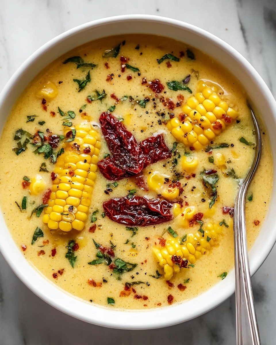 A white speckled bowl filled with creamy soup that has a light orange color mixed with small bits of green herbs. On top, there are bright yellow corn kernels and pieces of red sun-dried tomatoes scattered across the surface. A soft dollop of butter sits near one edge, sprinkled with black pepper. A silver spoon rests inside the bowl on the right side. The background is a white marbled texture with small green herb pieces visible near the bowl edges. Photo taken with an iphone --ar 4:5 --v 7