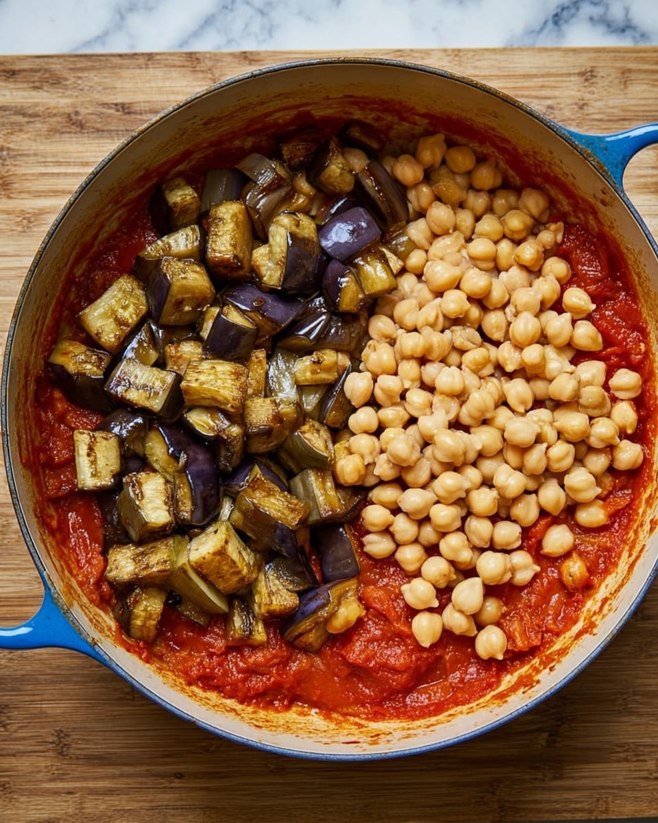 A close-up view inside a white pot showing a thick stew made of chickpeas and eggplant pieces. The chickpeas are round, light yellow, and scattered evenly through the mix. The eggplants are cut into small, uneven chunks with a dark purple outer skin and soft pale inside, and are mixed well with the stew. The red-orange sauce looks rich and slightly oily, with visible bits of tomato and spices, coating all the ingredients. The white pot has some sauce stains near the top inner edge, and the dish looks warm and cooked well. Photo taken with an iphone --ar 4:5 --v 7