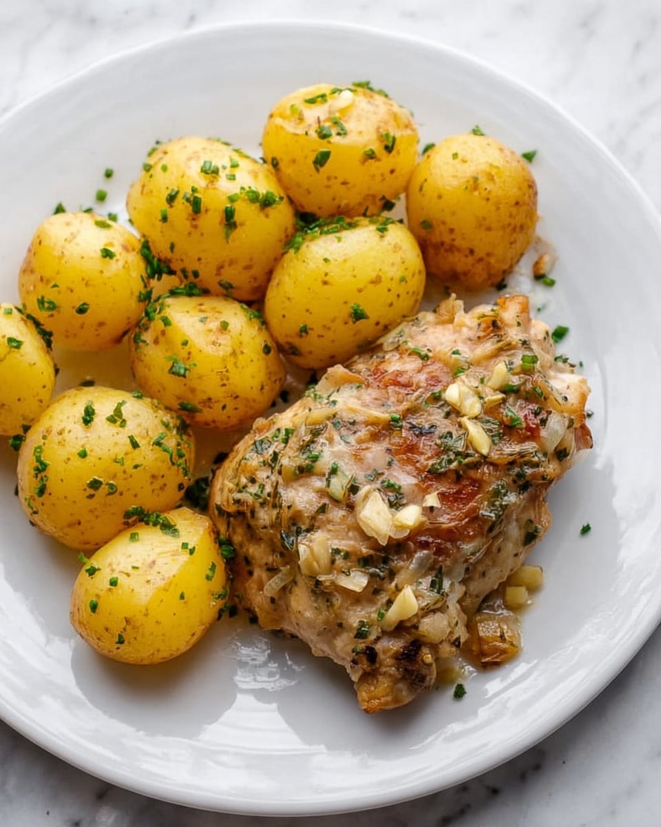 The image shows a white plate with two main parts: on the right side, there is a thick piece of cooked chicken covered with a light sauce and small bits of garlic and herbs, giving it a slightly textured surface; on the left side, there are eight small, round, golden-yellow potatoes sprinkled with chopped green herbs, arranged closely together. The background is a white marbled surface. photo taken with an iphone --ar 4:5 --v 7