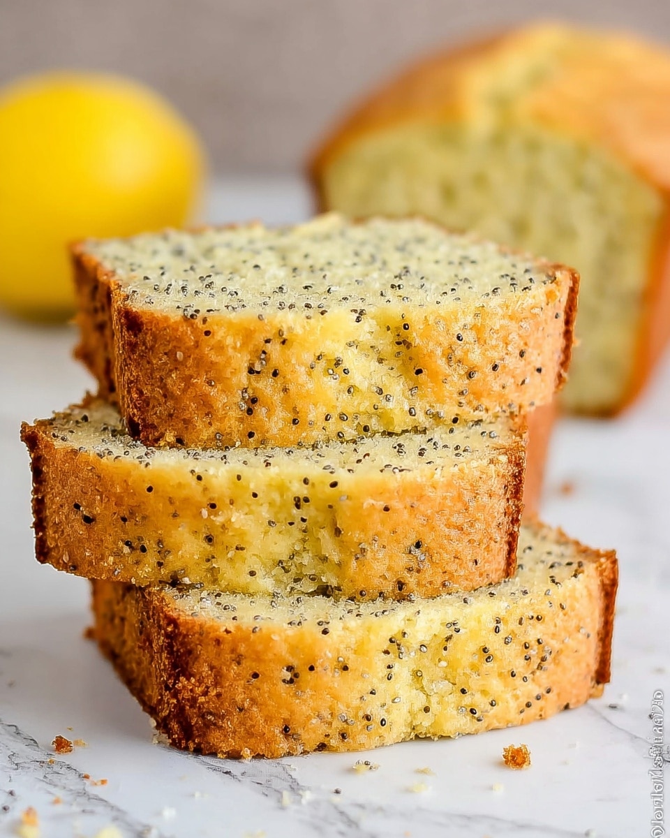 The image shows three stacked slices of lemon poppy seed bread on a white marbled surface. Each slice has a golden-brown crust on the outside and a light yellow inside that is speckled evenly with tiny black poppy seeds. In the background, there is a whole loaf of the same bread and a whole lemon, slightly out of focus. The texture of the bread looks soft and slightly moist with a few small crumbs around the base. photo taken with an iphone --ar 4:5 --v 7