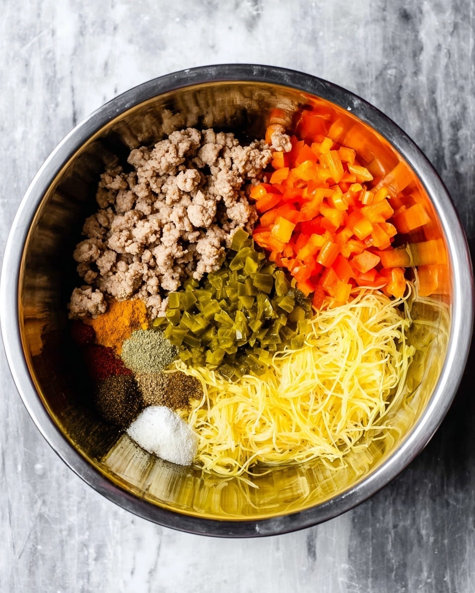 A round metal mixing bowl sits on a white marbled surface, filled with six separate sections of ingredients. The top left section has cooked ground meat in small, light brown pieces. Next to it on the top right, there is a pile of bright orange chopped bell peppers. In the center is a pile of green chopped pickles. The bottom half of the bowl is filled with pale yellow shredded strands, possibly spaghetti squash. To the bottom left, there are three layers of spices with colors of dark brown, white, and green from bottom to top. The inside of the bowl is shiny and reflects light. photo taken with an iphone --ar 4:5 --v 7
