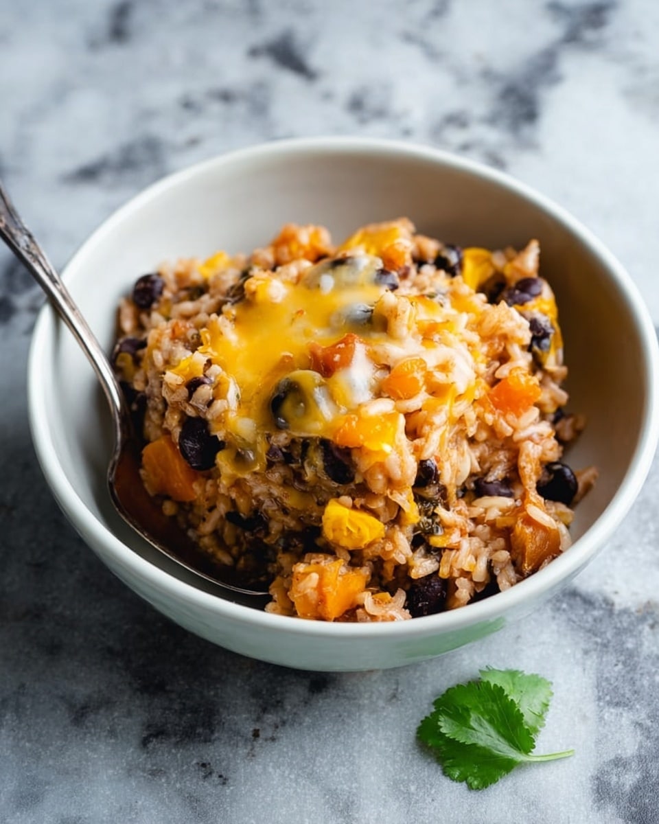 A white bowl filled with a layered dish showing cooked rice mixed with black beans, small orange chunks, and melted cheese on top. The layers include a base of brown rice, scattered black beans, bright orange pieces, and melted light yellow cheese that looks soft and slightly stretchy. A small green herb leaf is placed on the side inside the bowl, which sits on a white marbled surface. There is a silver spoon partly visible on the left side inside the bowl. photo taken with an iphone --ar 4:5 --v 7
