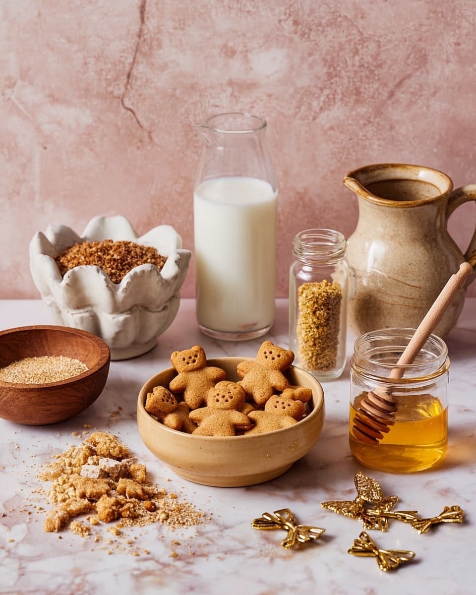 The image shows a collection of small bear-shaped cookies in a round, tan bowl placed on a white marbled surface. Around the bowl, there are scattered cookies and crumbs. To the left, there are two bowls: one wooden bowl filled with crushed nuts and one white flower-shaped bowl containing brown sugar with a crumbly texture. Behind these, there is a glass bottle filled with milk and a small clear glass jar with a golden spice inside. To the right, there is a rustic beige pitcher with coffee or a dark liquid and a clear glass jar filled with golden honey with a wooden dipper inside. On the surface near the honey, there are three golden spoons shaped like bows, adding a shiny texture and contrast. The background is a soft pink marble wall. photo taken with an iphone --ar 4:5 --v 7