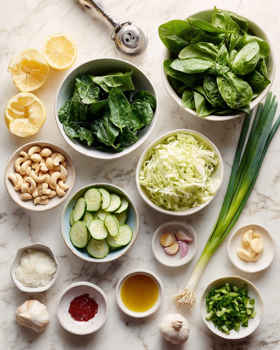 The image shows several small white bowls and piles of fresh ingredients arranged on a white marbled surface. There is a bowl full of bright green spinach leaves at the top, a white bowl filled with finely chopped pale green cabbage next to it, and a bowl of fresh green basil leaves to the right. On the left, there is a sliced lemon and a white container with yellow lemon juice. Nearby, a small clear bowl holds golden olive oil, and another white bowl contains chopped cucumber in light green and white tones. A handful of creamy cashews sits on the surface, while a small heap of peeled garlic cloves and a whole shallot rest near the bottom. There are also several long green onions and chopped chives scattered around, along with small white bowls filled with red salt, light yellow nutritional yeast, and red rice vinegar. A woman's hand is holding the lemon juicer. The whole scene is bright, clean, and colorful. photo taken with an iphone --ar 4:5 --v 7