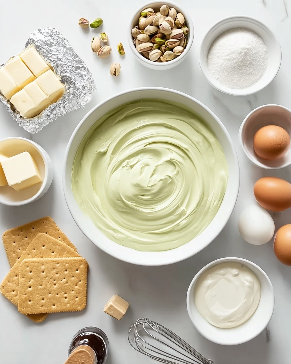 A top view of various dessert ingredients laid out on a white marbled surface with a large white bowl of pale green creamy mixture in the center, swirled smoothly. Surrounding the bowl are three white bowls: one with whole brown and white eggs at the top right, one with a large amount of sugar next to a small wooden spoon beneath it, and one with a light cream at the bottom. On the left side, there are three blocks of cream cheese wrapped in foil at the top, some pistachio nuts scattered near the center, a small white bowl with a square of butter below, and two square graham crackers at the bottom left. In the lower middle area, there is a metal whisk. A small bottle of vanilla extract is visible near the sugar bowl. photo taken with an iphone --ar 4:5 --v 7
