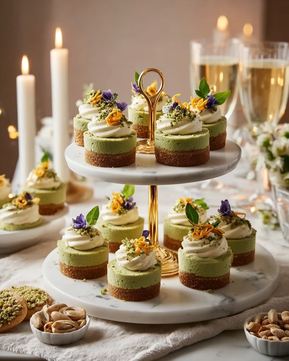 The image shows small green cakes with a brown base arranged neatly on a two-layer white tiered stand with gold edges and a gold stand. Each cake has a thick swirl of white cream on top, decorated either with small green crumbs and a small green leaf or with thin orange peel curls and a small green leaf. Some cakes are topped with small purple edible flowers. The stand is placed on a soft beige cloth with small bowls of nuts and decorated cookies nearby. In the background, there are tall white candles, glasses with a light drink, and a soft warm light giving a cozy feeling. The surface beneath the cloth is a white marbled texture. photo taken with an iphone --ar 4:5 --v 7