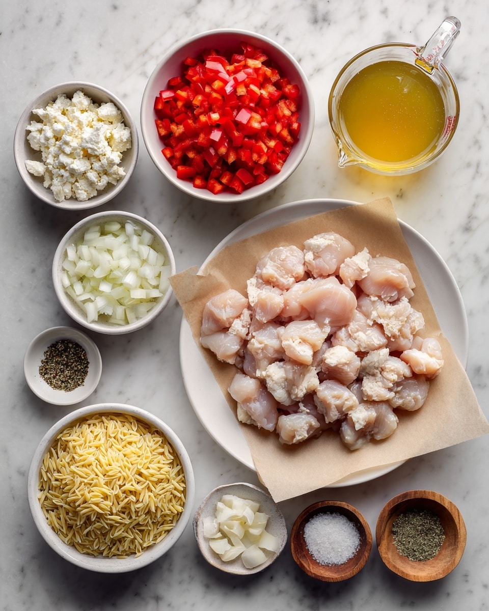 The image shows various ingredients laid out on a white marbled surface. In the center, there is a white plate with a layer of brown parchment paper holding many small pieces of light pink raw chicken breasts. To the top left, a white bowl filled with vibrant red chopped bell peppers adds bright color. Above the chicken, a transparent glass measuring jug contains golden yellow chicken stock. To the right of the chicken, a small white bowl holds chopped white onions. Below the onions, a white bowl is filled with uncooked yellow orzo pasta. On the left side near the chicken, a small white bowl is full of white crumbled goat cheese. Two small wooden bowls near the goat cheese contain salt and black pepper, each with fine textures. Nearby, a small white bowl has dried oregano in greenish-brown color. A tiny white bowl filled with minced garlic sits above the oil, which is in a small white bowl showing a clear light yellow color. Everything is neatly arranged to display the raw ingredients clearly. Photo taken with an iphone --ar 4:5 --v 7