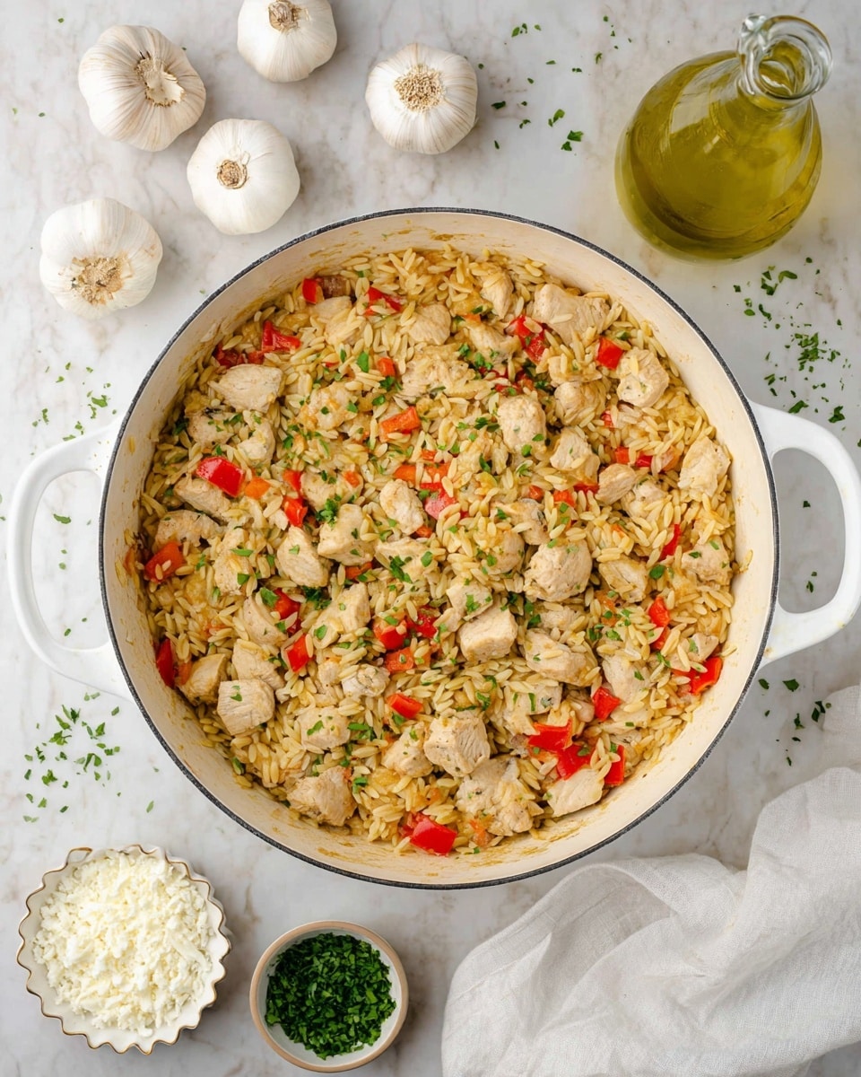 A large white cooking pot filled with a mix of three main layers: at the base, light golden orzo pasta, then diced light beige cooked chicken pieces, and scattered around small chunks of red bell pepper, all mixed together and sprinkled with finely chopped green herbs on top. Around the pot on a white marbled surface are three whole garlic bulbs, some loose garlic cloves, a clear glass bottle of yellow olive oil, a small beige bowl filled with white crumbled cheese, and a small white scalloped dish of finely chopped fresh green herbs. A white towel is partially visible in the bottom right corner. photo taken with an iphone --ar 4:5 --v 7
