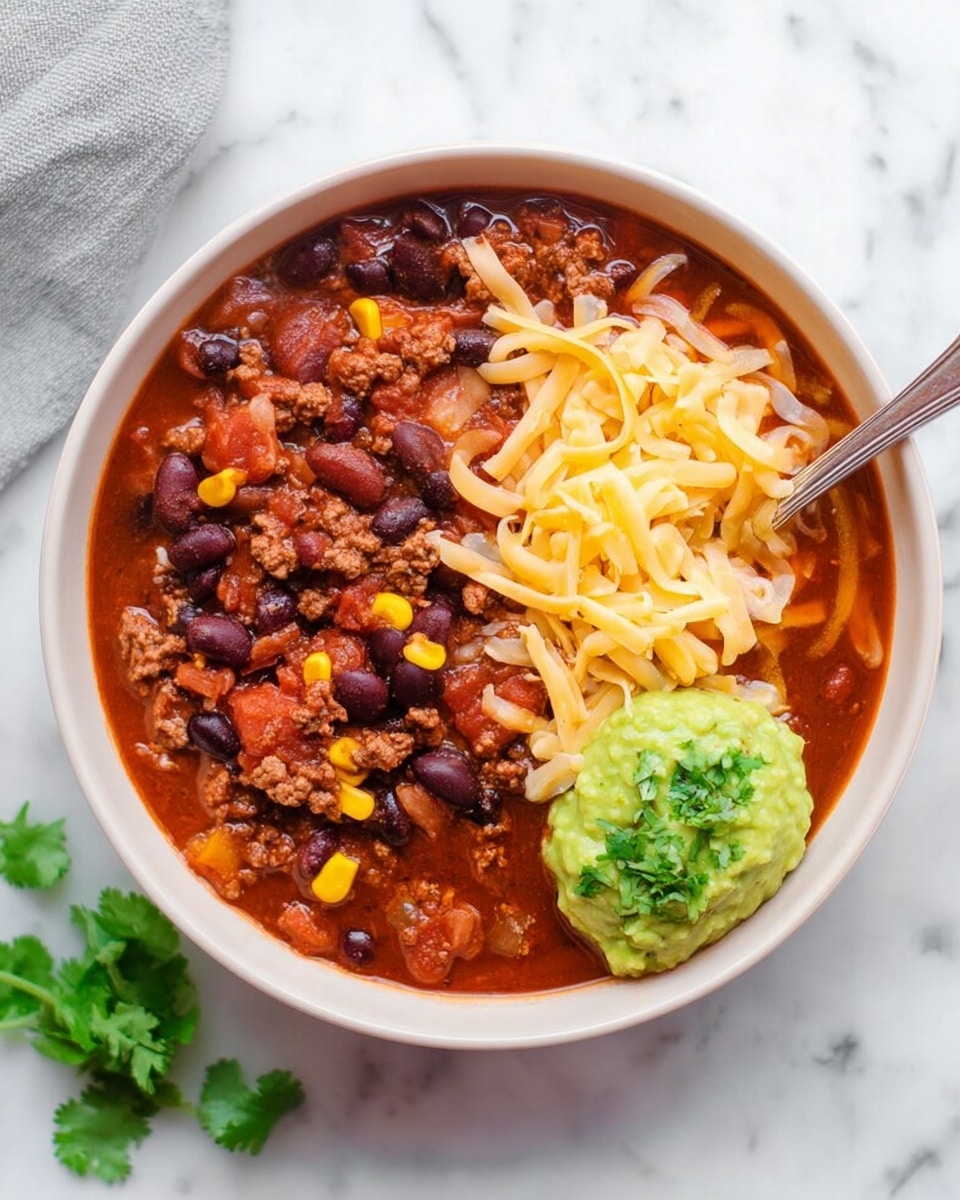 A white bowl filled with a thick chili stew showing layers of cooked ground meat, black beans, kidney beans, corn, and diced tomatoes in a rich red sauce. On one side, a small pile of shredded yellow and white cheese is placed on top, slightly melting into the hot stew. To the right, there is a rounded scoop of green guacamole garnished with small sprigs of fresh cilantro. A spoon rests inside the bowl partially submerged in the chili. The bowl sits on a white marbled surface with a chunk of cilantro near the bottom left. Photo taken with an iphone --ar 4:5 --v 7