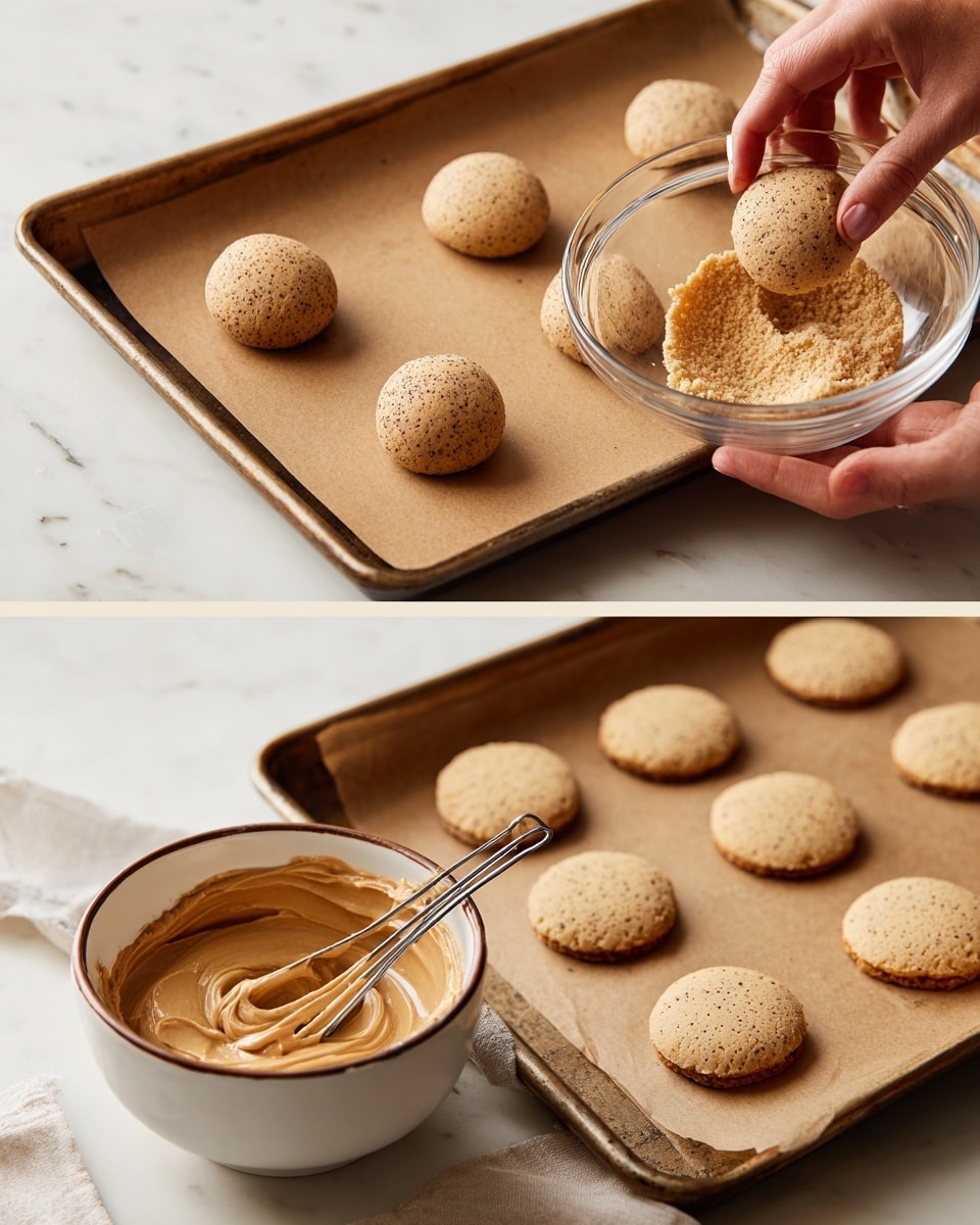 The first part shows seven round dough balls that are light brown with specks on a baking tray lined with brown parchment paper, with a clear glass bowl above containing more of the same dough and a scoop tool held by a woman's hand resting in it. The second part features multiple round, light brown flat biscuit-like pieces arranged on a lined baking tray, with a woman's hand holding a small spoon spreading a light brown creamy spread over one biscuit. Below the tray, there is a white bowl with brown rim holding more light brown spread and a small whisk inside; the surface is a white marbled texture. photo taken with an iphone --ar 4:5 --v 7