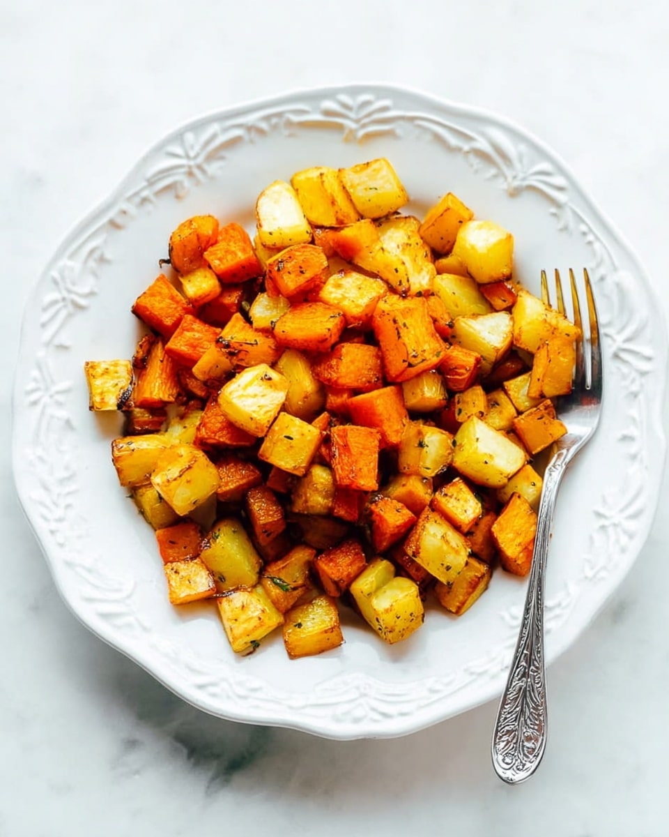 A white bowl with decorative edges is filled with small, roasted vegetable cubes in warm shades of golden yellow and orange, showing a slightly crispy texture with some browning spots. The vegetables are mixed in a casual pile with the orange pieces more prominent on the top and scattered among the lighter yellow cubes. On the right side of the bowl, a silver fork rests partially on the vegetables. The bowl sits on a white marbled surface, creating a clean, bright look. photo taken with an iphone --ar 4:5 --v 7