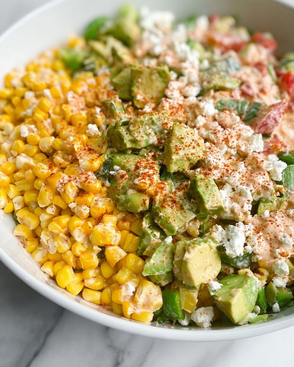 A close-up view of a mixed salad in a white bowl, showing three main layers: bright yellow corn kernels, light green chunky avocado pieces, and white crumbled cheese scattered on top. The salad also contains small pieces of red and green vegetables, mixed in with a creamy dressing that has a slightly pink tint. There is a light sprinkle of reddish-brown seasoning dusted evenly over the salad, adding contrast to the vibrant yellow, green, white, and red colors. The bowl sits on a white marbled surface. photo taken with an iphone --ar 4:5 --v 7