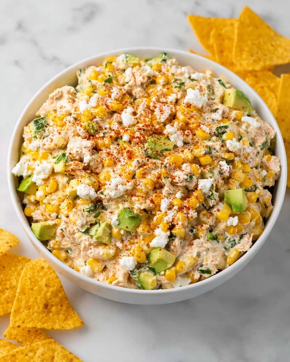 A close-up of a white bowl filled with a creamy mixture of diced green vegetables, yellow corn kernels, small chunks of pale meat, and pieces of red tomato. A woman's hand is holding a round chip topped with this creamy mixture, showing thick textures mixed with spices sprinkled on top. The background is a white marbled texture with a few more chips scattered around. The colors are vibrant with greens, yellows, reds, and creamy whites clearly visible. photo taken with an iphone --ar 4:5 --v 7