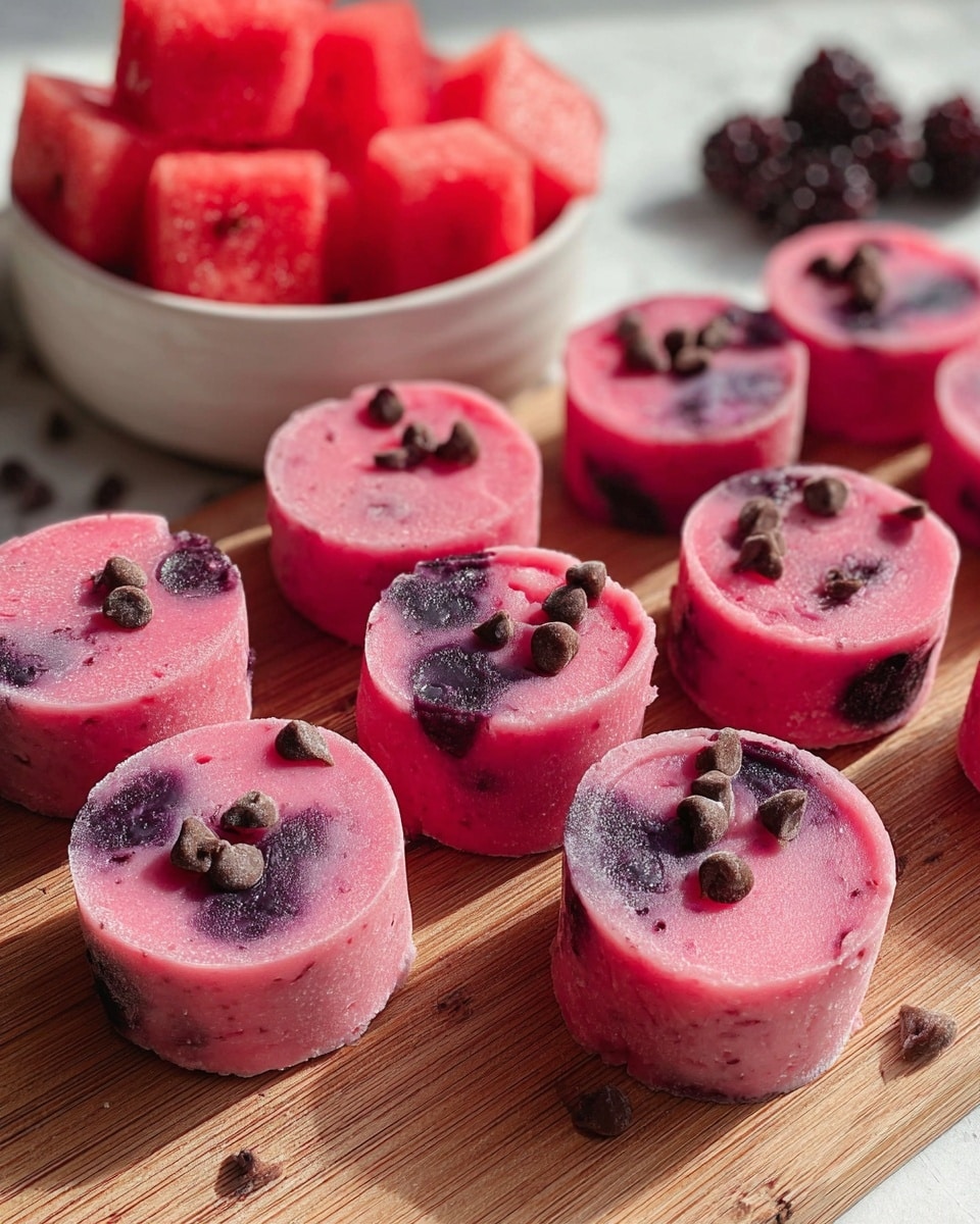 The image shows small, round pink frozen treats with a smooth creamy texture arranged closely on a wooden surface. Each piece has dark purple spots and is topped with small chocolate chips scattered unevenly on the surface. In the background, there is a white bowl filled with cubes of watermelon and some dark berries on a white marbled surface. The scene has bright natural lighting highlighting the vibrant colors of the treats and fruits. Photo taken with an iphone --ar 4:5 --v 7