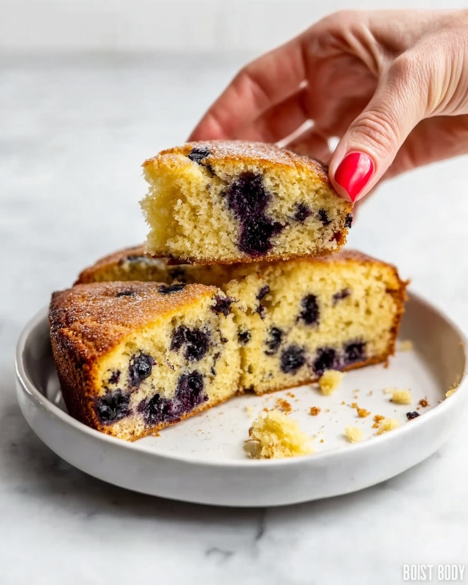 A white plate holds a thick slice of golden yellow blueberry cake with visible dark blueberries inside. The cake has a slightly crumbly texture and a browned top layer. A woman's hand with red painted nails is lifting a piece of the cake, showing soft and moist crumbs falling onto the plate. The plate is placed on a white marbled surface in soft natural light. photo taken with an iphone --ar 4:5 --v 7