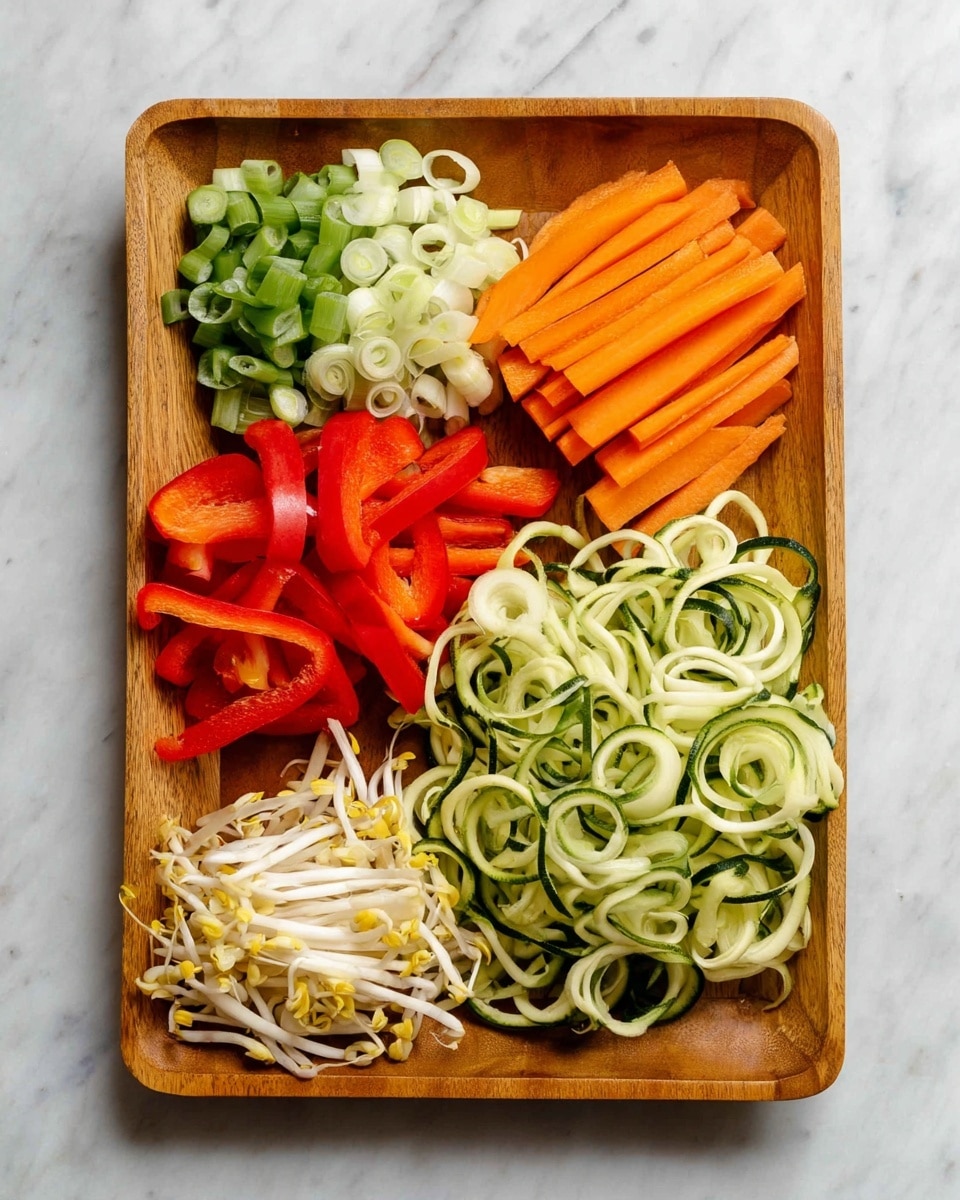 A wooden tray holds five different vegetable piles, each in its own section. At the top left are small green and white rings of chopped spring onions. Next to them on the right are orange carrot sticks arranged neatly, long and thin. Below the carrots, bright red bell pepper slices are stacked. On the bottom left, there is a small pile of white bean sprouts with yellow tips. The middle of the tray shows a pile of spiralized zucchini noodles that are pale green with dark green skin edges, curly and twisted. The tray is on a white marbled surface photo taken with an iphone --ar 4:5 --v 7