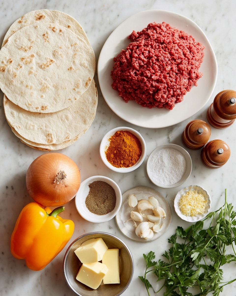The image shows several cooking ingredients neatly arranged on a white marbled surface. On the left side, there are two soft tortillas stacked, slightly overlapping, with a white plate above holding a thick stack of bright red ground beef. Next to the plate, a single orange bell pepper and a whole yellow onion sit side by side. Surrounding these are small white bowls containing various spices: brown cumin powder, coriander powder, bright red paprika, dried oregano leaves, and garlic powder. A small metal bowl holds two light yellow butter pieces. There is also a white bowl with several peeled garlic cloves. Fresh green parsley is placed on the right side and two wooden salt and pepper grinders stand at the top of the layout. The whole scene is clear, colorful, and harmonious in arrangement. Photo taken with an iphone --ar 4:5 --v 7