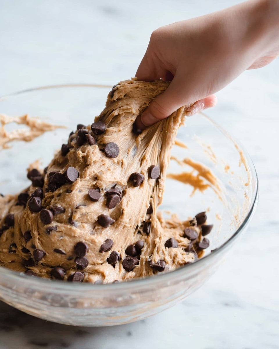 A close-up photo shows a woman's hand stretching thick, light brown chocolate dough in a clear glass bowl. The dough is soft and sticky with many dark chocolate chips embedded inside and on the surface. The background is a white marbled texture. The image focuses on the dough's stretchy texture and the contrast between the light brown dough and dark chocolate chips photo taken with an iphone --ar 4:5 --v 7