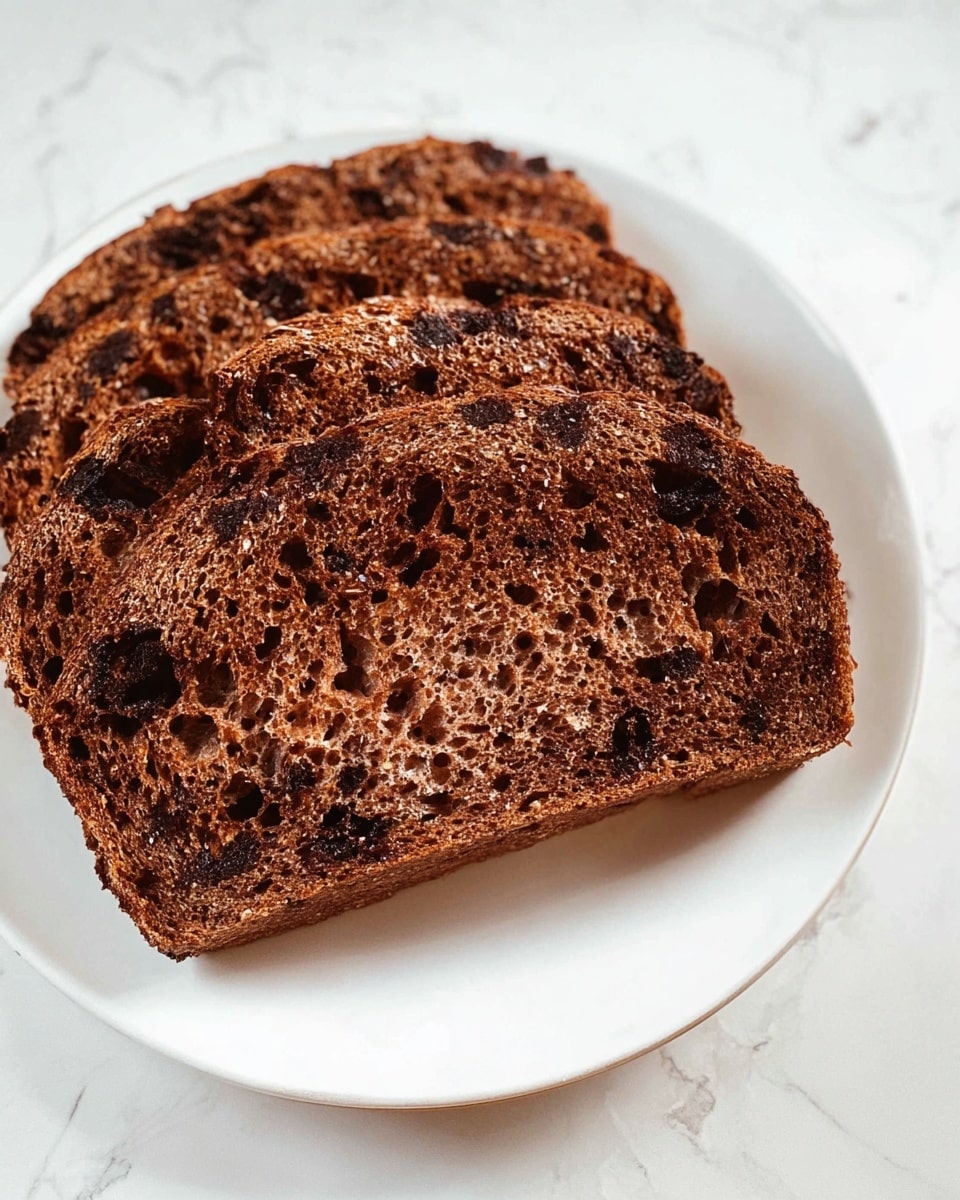 The image shows three slices of dark brown bread with a rough texture and many small holes, stacked slightly overlapping on a white plate. The bread has small dark spots inside, likely raisins or chocolate chips, spread evenly throughout each slice. The plate sits on a white marbled surface, adding a clean and simple look to the presentation. photo taken with an iphone --ar 4:5 --v 7