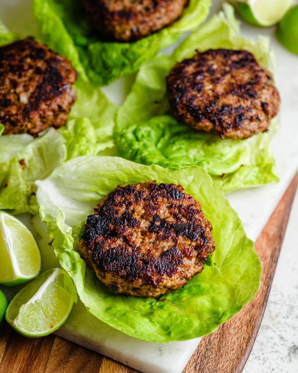 The image shows several brown, grilled patties resting on bright green lettuce leaves, each leaf holding one patty that appears slightly charred on top with a rough, textured surface. The patties have visible small bits of ingredients inside, giving a speckled look. The lettuce leaves are fresh and crinkled, forming a bowl-like shape around each patty. Halved green limes are placed nearby, adding a contrasting color. All this is arranged on a white marbled surface with a wooden board visible to the side. The photo taken with an iphone --ar 4:5 --v 7